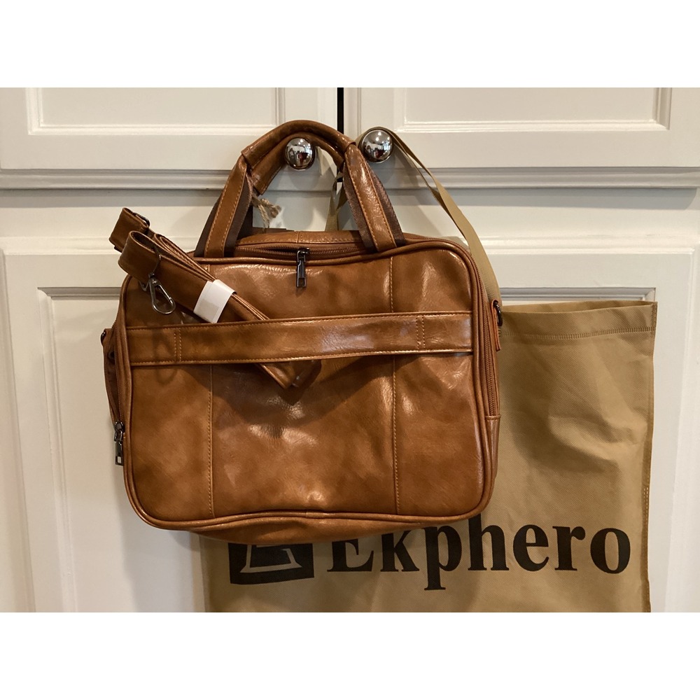 Ekphero Brown Faux Leather Briefcase Messenger Bag Laptop Bag with Strap - Picture 2 of 12